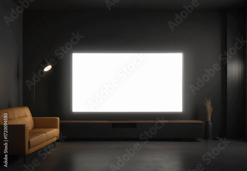 Blank white tv display in dark room interior mockup, ai generated