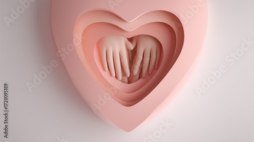Multi-Layered Heart Design with Hands Embraced in a Soft Pink Background