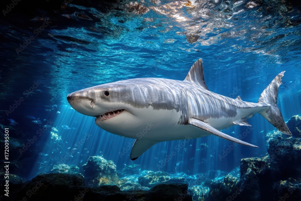 Obraz premium Great White Shark Swimming in Sunlit Ocean Depths