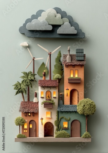 Creative Papercut Layer Art Displaying Eco-Friendly Living Concept with Houses