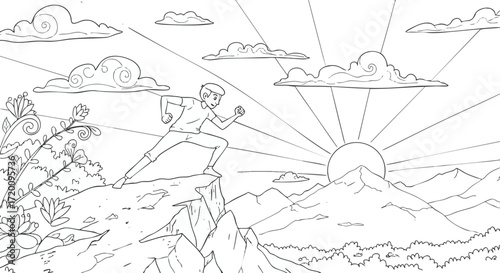 Line art illustration of an adventurous person running on a mountain cliff during a beautiful sunrise