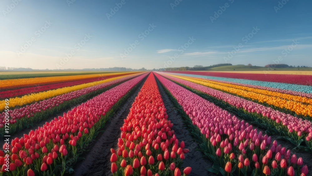 Naklejka premium Vibrant endless rows of blooming tulips stretch towards the horizon under a clear blue sky, a breathtaking floral spectacle.