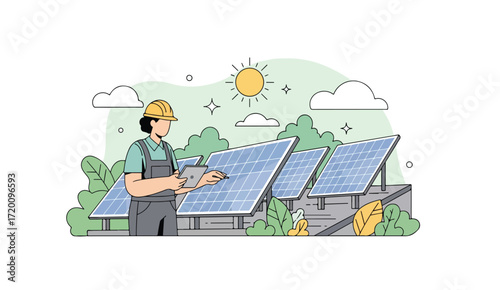 Technician inspects solar panels under a sunny sky, ensuring efficient energy production.