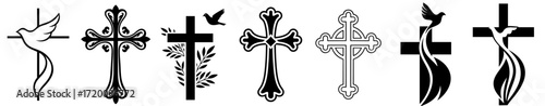 Set of Christian crosses with doves and ornaments, symbol of Holy Spirit, resurrection, faith, hope and love
