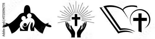 Christian symbols set with Jesus embracing family, praying hands with radiant cross, and Holy Bible as God’s Word of faith