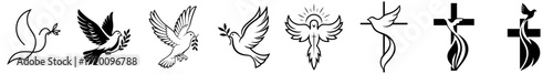 Set of dove symbols with cross and branch, Christian sign of Holy Spirit, purity, Easter, Trinity and peace
