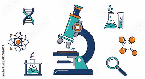 A collection of science-related symbols, including a microscope, test tubes, beakers, DNA, and an atom, highlighted with a simple, colorful design.