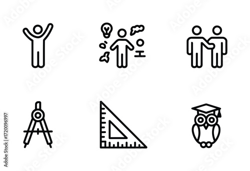 Education and Academic Tools Line Icons – Compass, Ruler, Owl, Student, and Learning Symbol Set