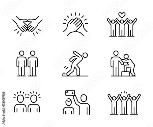 Teamwork and Collaboration Line Icons – Handshake, Group Support, Unity, and Celebration Symbols