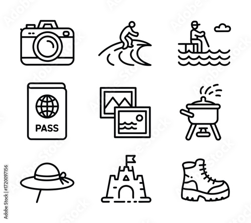 Travel and Outdoor Line Icons Set for Tourism, Vacation, and Adventure