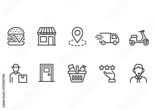 Food Delivery Line Icons Set for Restaurant, Online Orders, and Service