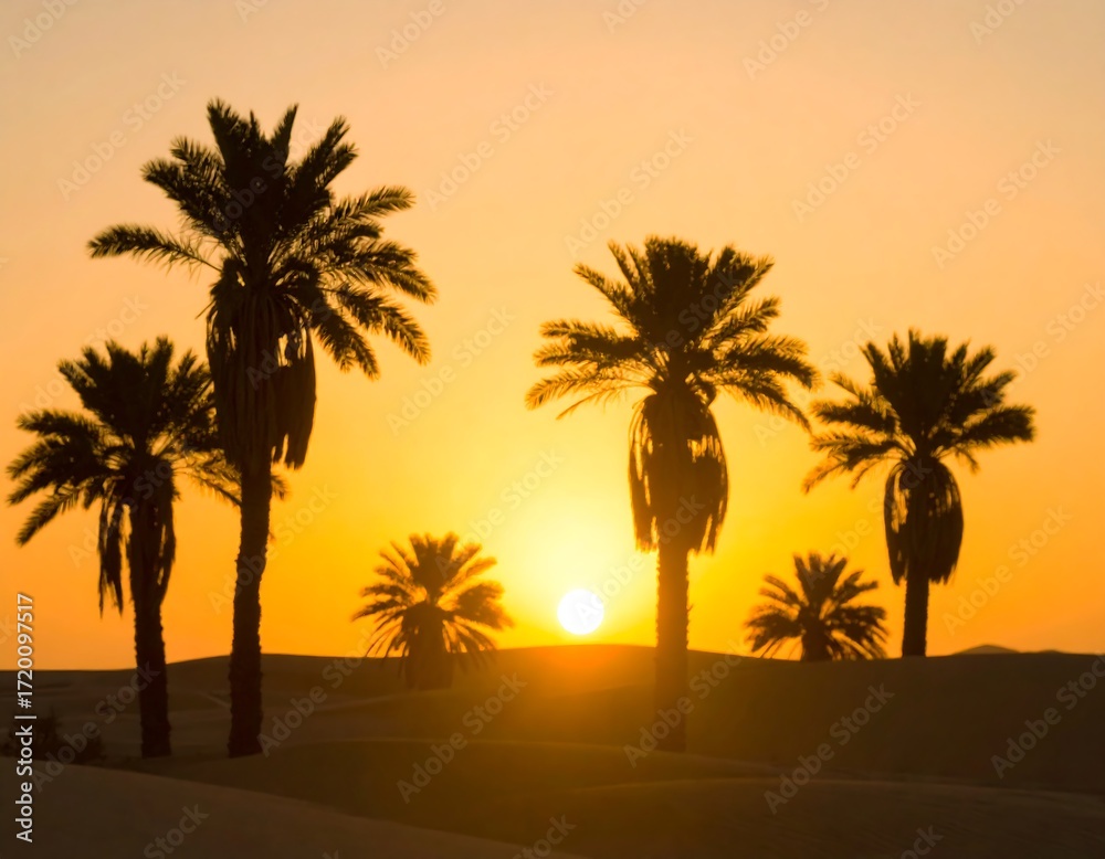 Obraz premium Silhouette palm trees at golden sunset over sand dunes