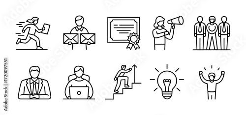 Corporate and Business Line Icons Set for Leadership, Career, and Motivation