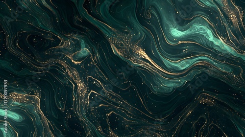 Wallpaper Mural Abstract opulent emerald green and gold fluid art background, featuring elegant liquid swirls and shimmering golden veins creating a luxurious marbling effect Torontodigital.ca