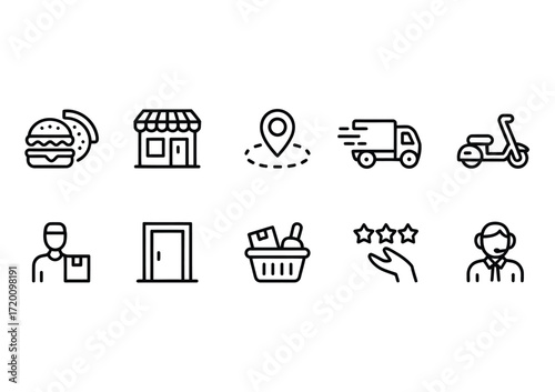 Food Delivery Line Icons Set for Online Ordering and Restaurant Services