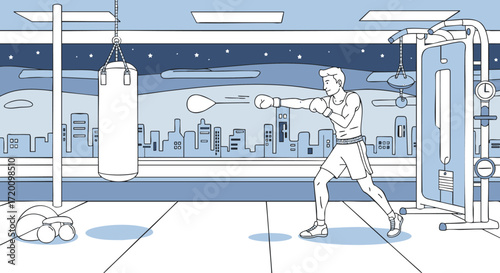 Illustration of an energetic boxer training diligently with a punching bag in a stylish gym setting, promoting health, exercise, and urban fitness