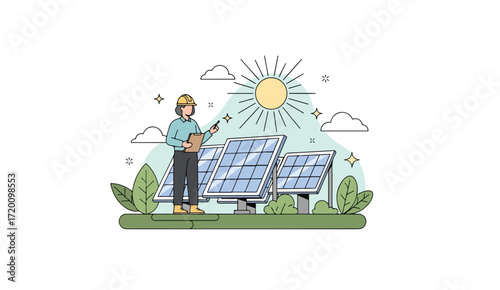 An engineer in a hard hat inspects solar panels under a bright sun, with clouds and greenery in the background.