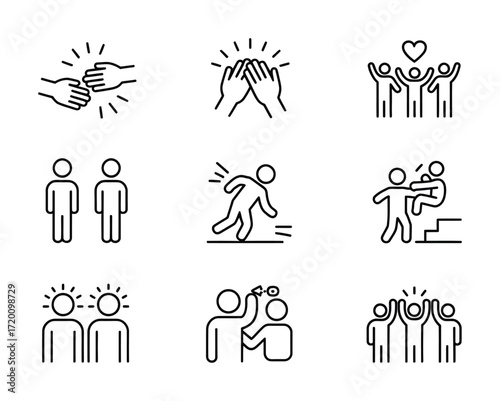 Friendship and Teamwork Line Icons Set for Unity, Support, and Care
