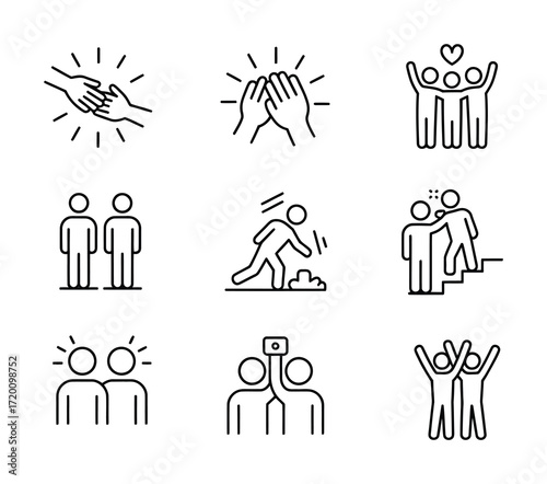 Friendship and Support Line Icons Set for Unity, Help, and Social Care