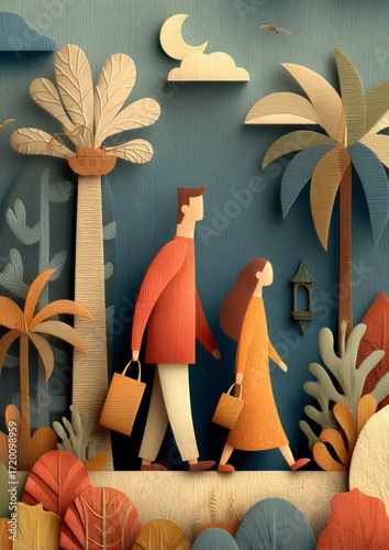 Two people walking in a colorful landscape with palm trees and paper cutout style