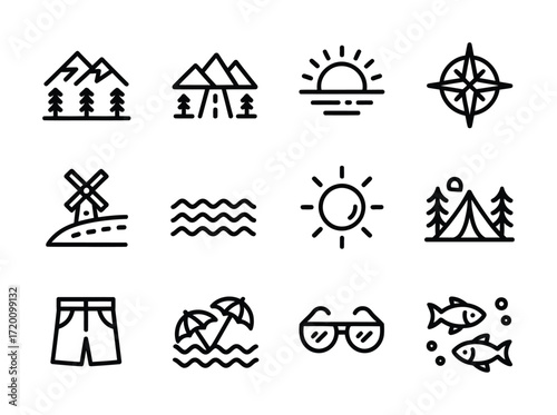 Nature Travel Leisure Line Icons – Outdoor Adventure, Vacation, Tourism, Relaxation