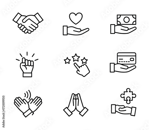 Human Interaction Communication Gesture Icons – Partnership, Care, Finance, Problem Solving