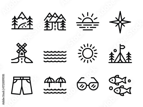 Travel and Nature Line Icons Set for Outdoor Adventure and Vacation
