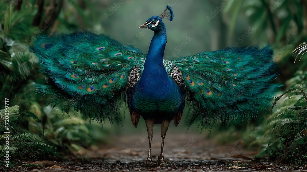 Fototapeta premium Majestic Peacock Displaying Vibrant Feathers in Lush Jungle Habitat