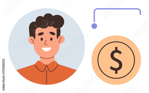 Smiling man in orange shirt inside a circular frame linked to a dollar coin with a thin line. Ideal for finance, earnings, personal branding, investment, economy, user profile, startups. A simple