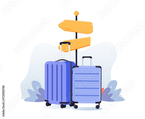 World travel concept with pointer and handbag. Travel time banner with Suitcase Banner Concept. Travel bags different