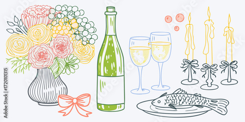 Celebration Elements: Flowers, Champagne, and Dinner