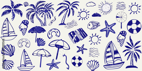 Summer Beach Vacation Doodle Elements Keywords: beach, summer, vacation, travel, sea, ocean, palm