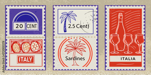 Vintage Italian Postage Stamps Featuring Food and Palm Trees