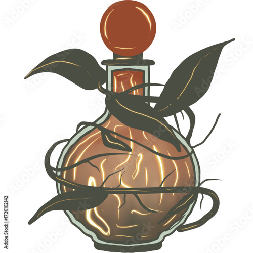 Enchanted Potion Bottle with Glowing Liquid and Vine Embellishments