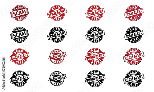 Scam alert rubber stamp icons in red and black colors set 
