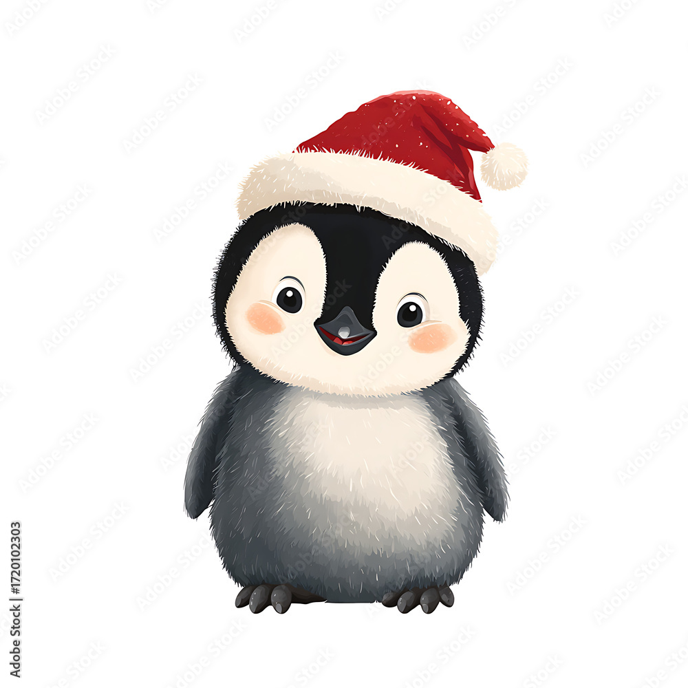 Fototapeta premium Adorable fluffy penguin with Santa hat on white background