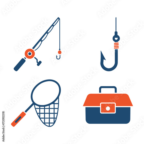 A collection of fishing equipment icons including a rod, hook, net, and tackle box in blue and orange colors, representing outdoor recreation.