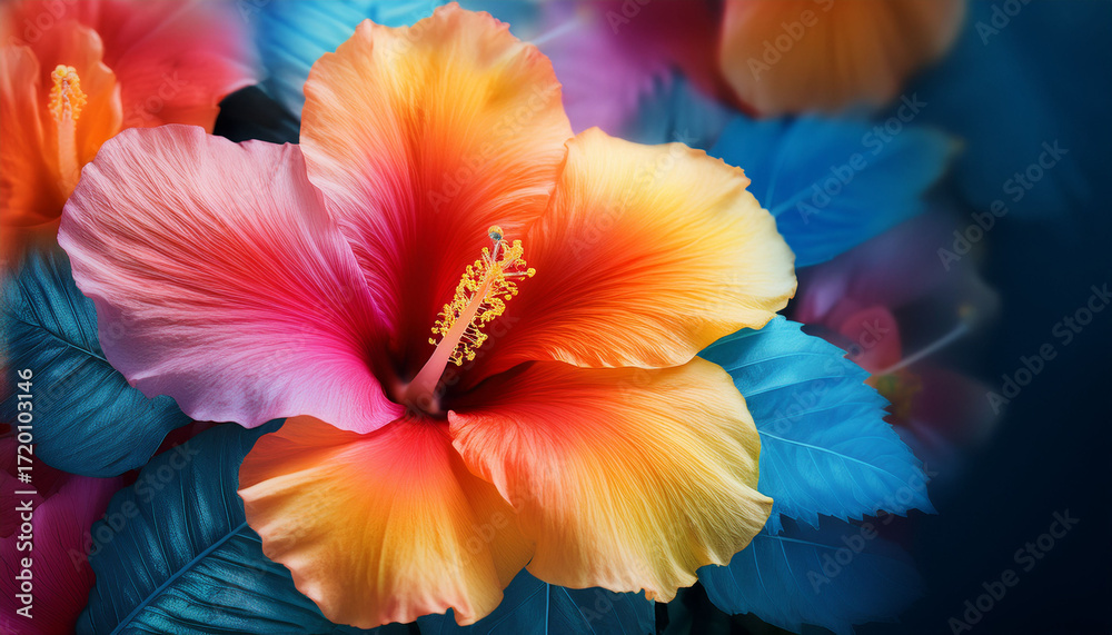 Fototapeta premium Vibrant Hibiscus Flowers With Ombre Petals In Bright Colors