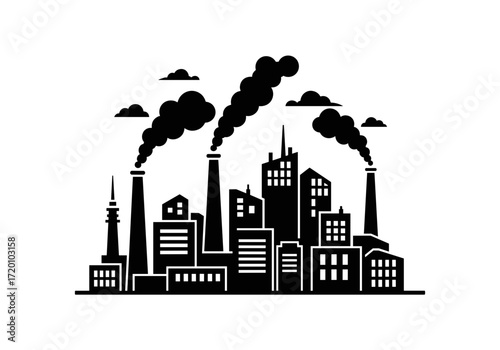 City skyline with smoking chimneys and industrial buildings on a transparent background