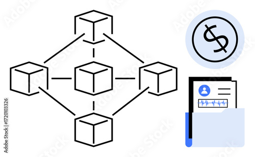 Interconnected blocks representing a blockchain system, financial ledger in folder, and digital currency icon. Ideal for technology, finance, blockchain, data security, cryptocurrency, digital