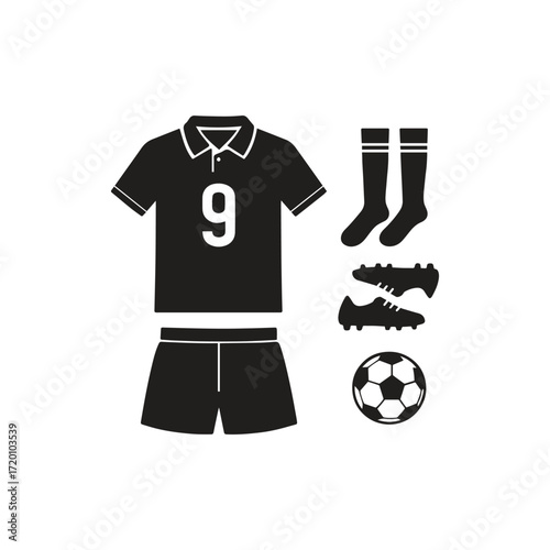 Vector silhouette illustration of a complete soccer kit including collared stripe jersey shorts socks a pair of football boots and a soccer ball