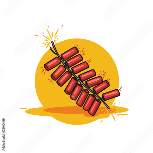 A lit bunch of firecrackers with flashes is a vector illustration for event design, banners and invitations.