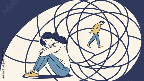 Vector Art of Woman Inside Knot Shapes with Man Behind Whispering, Symbolic Emotional Conflict 