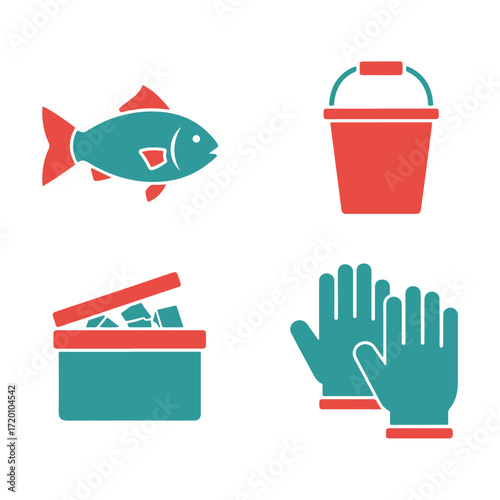 Icons of fish, bucket, ice cooler, and gloves in red and teal.