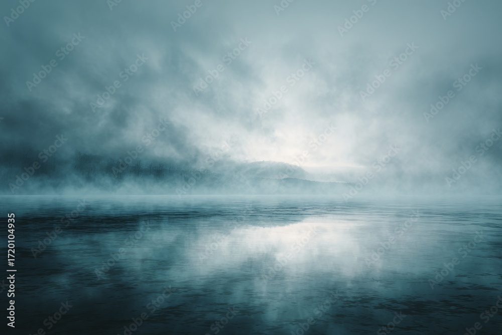 Fototapeta premium Ethereal Landscape: Misty Water and Sky Reflect Calm and Serenity in a breathtaking scene where the delicate mist hovers over tranquil waters, mirroring the serene sky above, inviting viewers to