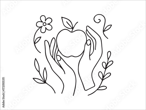 Minimalist design of hands holding apple with floral elements around