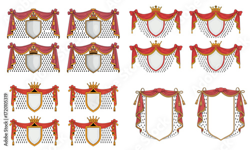 Royal shield with crown and red curtain decoration frame set 
