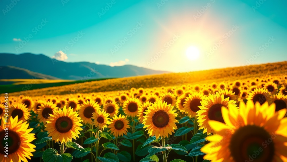 Obraz premium Sunflower field on sunny day with blue sky