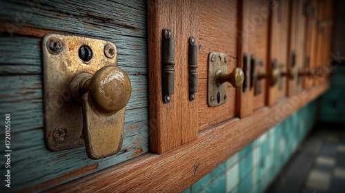 Wooden Lockers with Brass Handles in a Vintage Setting with Weathered Wood and Tiles