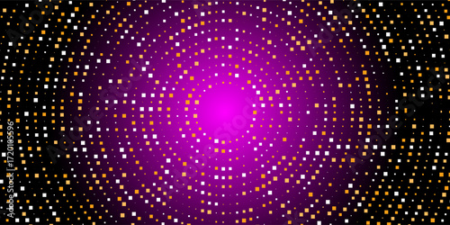 Radial gold disco party pattern. Yellow square sequin mosaic texture background. Abstract golden shining glitter halftone wallpaper. Pop up comic sparkling glitter backdrop. Vector